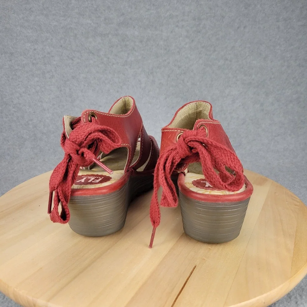 Fly London Yown Red Leather Lace Up Peep‎ Toe Wedge Sandals Portugal 42 US 11.5